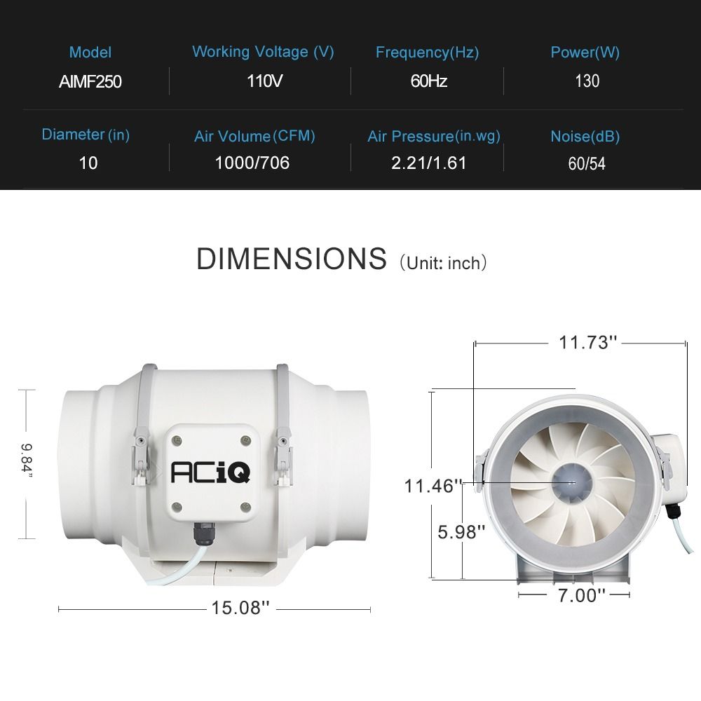 ACiQ 10 Inch Mixed Flow Inline Duct Fan - White