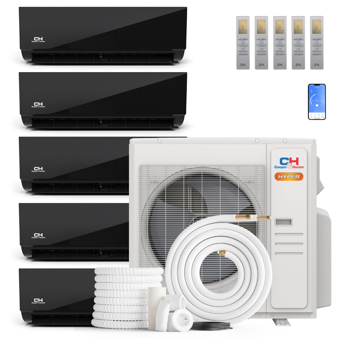 Cooper&Hunter Hyper Heat Olivia Midnight Series 5-Zone Ductless Mini Split AC & Heat Pump -- 36000 BTU (3.0 Ton) Without Shut-off Valves, Wall Mount Units (9K+9K+9K+9K+9K) BTU, Inverter Technology, 230V, Heating & Cooling
