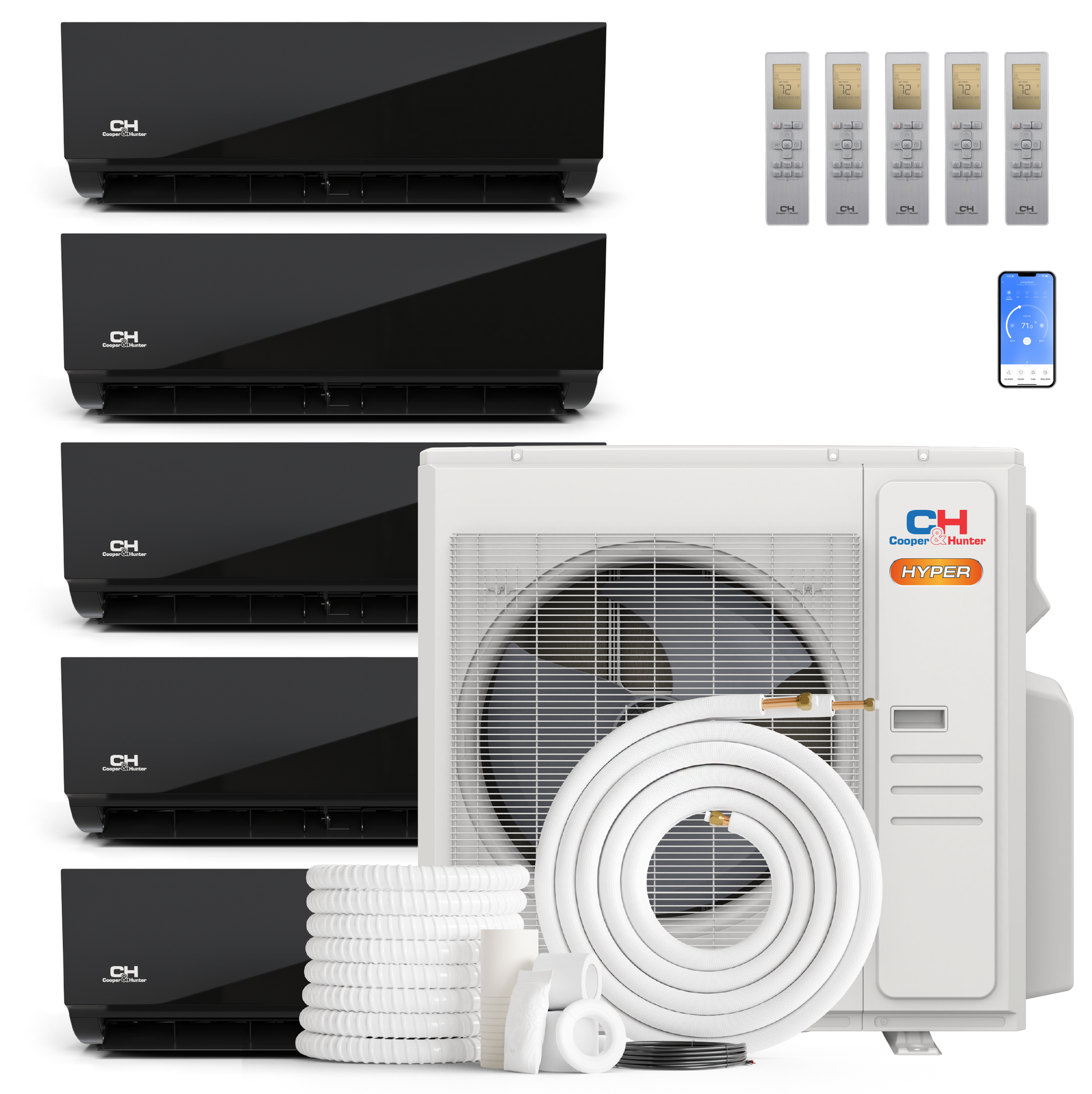 Cooper&Hunter Hyper Heat Olivia Midnight Series 5-Zone Ductless Mini Split AC & Heat Pump -- 36000 BTU (3.0 Ton) Without Shut-off Valves, Wall Mount Units (9K+9K+9K+9K+9K) BTU, Inverter Technology, 230V, Heating & Cooling