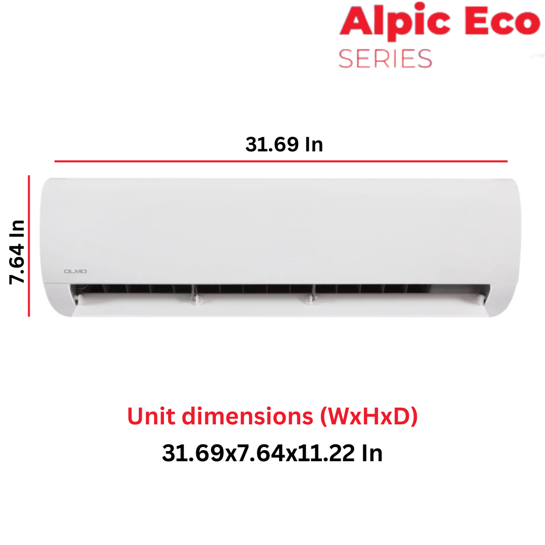 OLMO Alpic Eco Series, R410A, 0.75 Ton Air Conditioner and Heat Pump, 9,000 BTU Mini Split Ductless, 18.5 SEER Inverter System, 230V, Single Head, with Installation Kit Option. SKU OS-EL09ALP230VI + OS-EL09ALP230VO - South Mini Splits