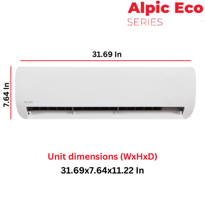 OLMO Alpic Eco Series, R410A, 0.75 Ton Air Conditioner and Heat Pump, 9,000 BTU Mini Split Ductless, 18.5 SEER Inverter System, 230V, Single Head, with Installation Kit Option. SKU OS-EL09ALP230VI + OS-EL09ALP230VO