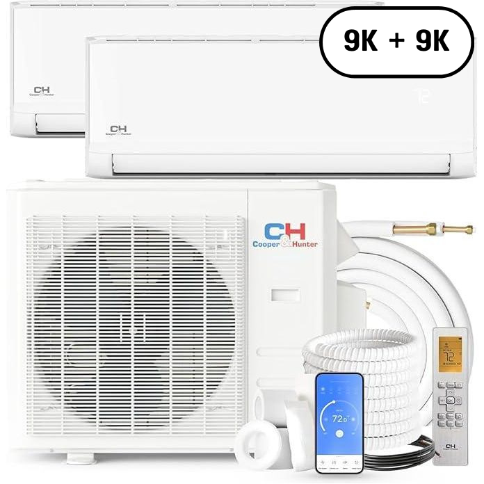 2 Zone Cooper & Hunter Olivia Series, 1.5 Ton Air Conditioner, Ductless Mini Split with 9k+9k BTU Wall Mounts, 22.9 SEER 18K BTU Inverter Heat Pump, 230V, Dual Head (2 Heads), Includes 25ft and 50ft Installation Kit + WIFI Adapter - South Mini Splits