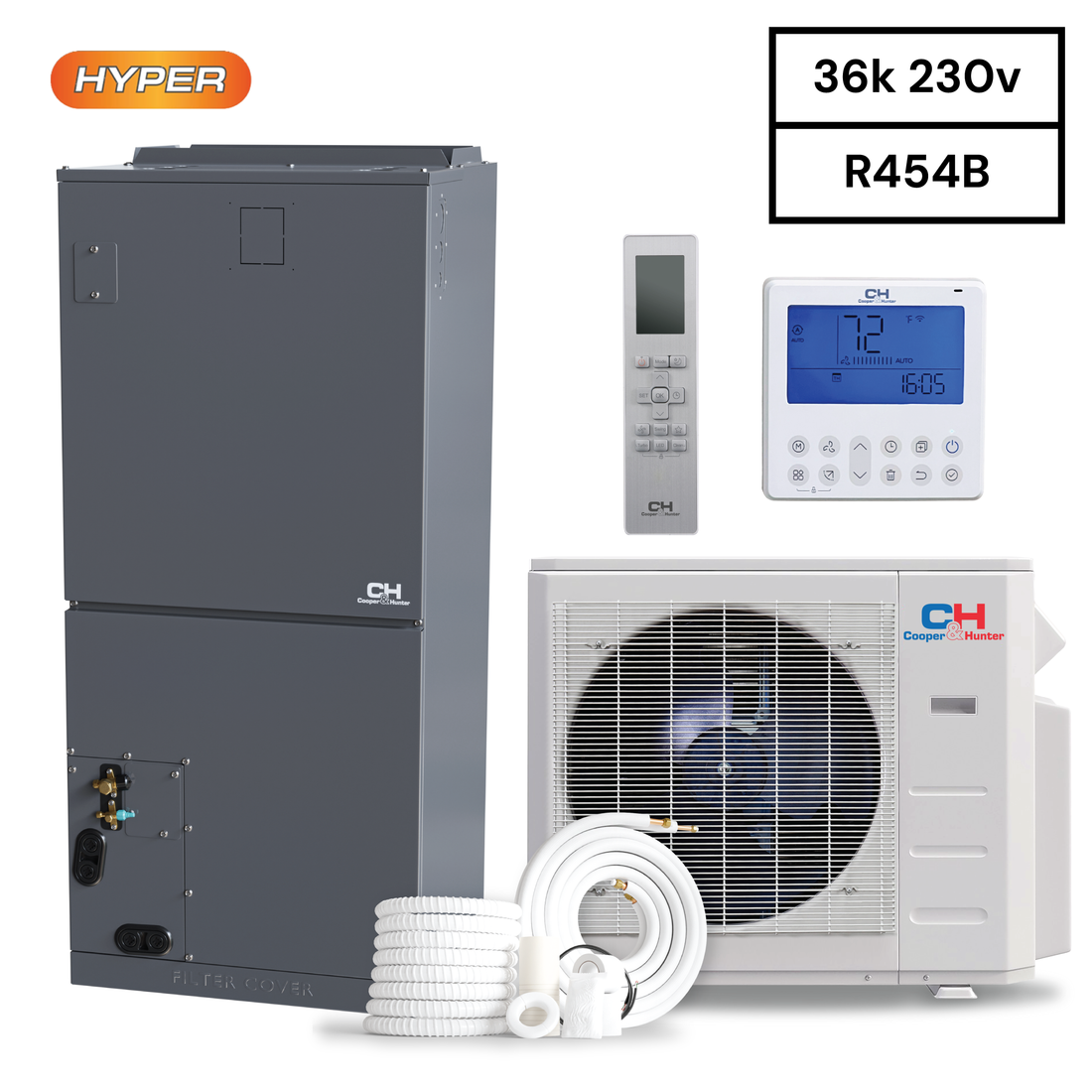 Cooper & Hunter 36,000 BTU High Efficiency Hyper 3 TON, R454B, 17.2 SEER Heat Pump Split System with Multi Position Air Handler with Optional Installation Kit and Optional Auxiliary Heat Strip CH-RS36LCAHU+ CH-RHP36LCU-230V0 - South Mini Splits