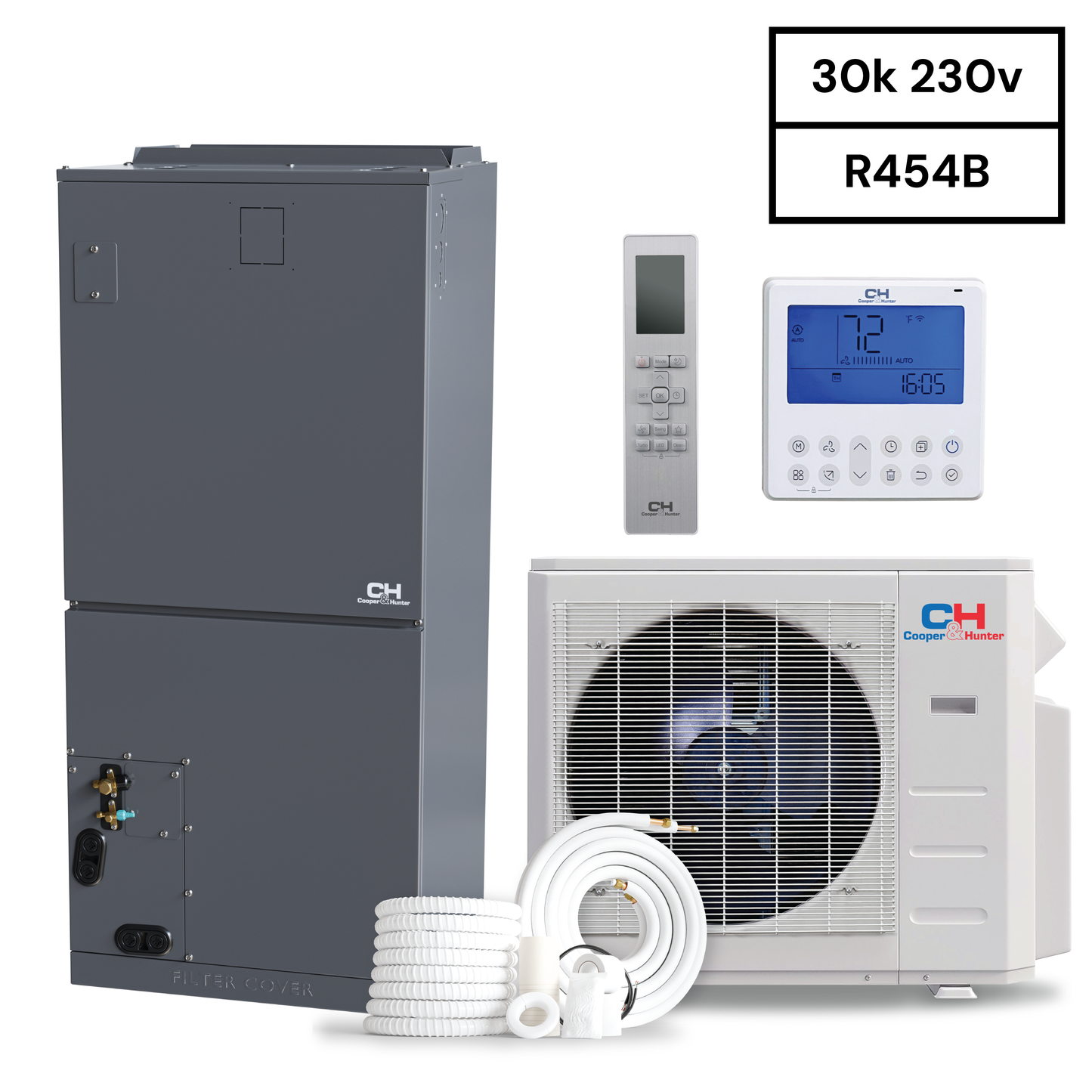 Cooper&Hunter R454B, 24,000 BTU 2 TON 20 SEER Heat Pump Split System with Multi Position Air Handler, Wi-Fi Thermostat Included and Optional Installation Kit + Auxiliary Heat Option CH-RS24MAHU+ CH-RES24-230V0