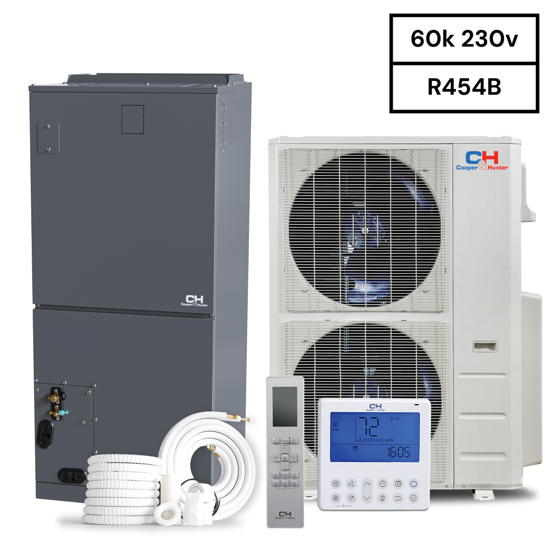 Cooper & Hunter 60,000 BTU 5 TON 17 SEER Heat Pump Split System with Multi Position Air Handler Unit Including Optional Installation Kit and Optional Auxiliary Heat Strip. CH-RS60LCAHU + CH-R60LCU-230VO, R454B - South Mini Splits