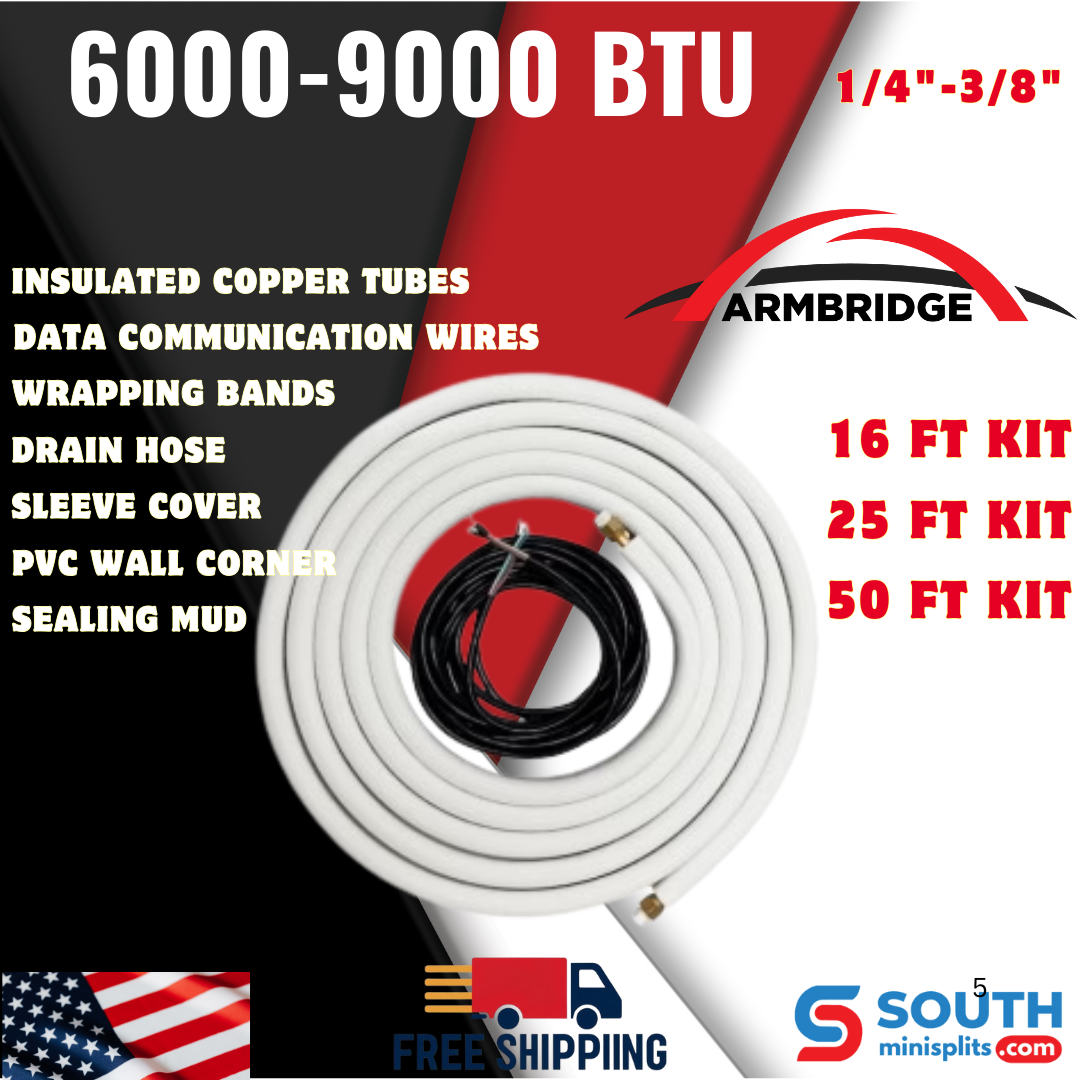 ARMBRIDGE Line set 1/4"-3/8"  Installation Kit for Ductless Mini Split, Pre-Flared Copper 16ft/25ft/50ft with Data Wire for 6000-9000 BTU Unit Systems - South Mini Splits