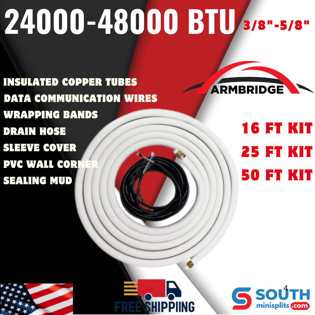 ARMBRIDGE 3/8"-5/8" Mini Split Installation Kit Pre-Flared 16ft/25ft/50ft with Connection Wires for 24,000-48,000 BTU 2 Ton  - 4 Ton Air Conditioner Heat Pump Inverter Unit Systems. - South Mini Splits