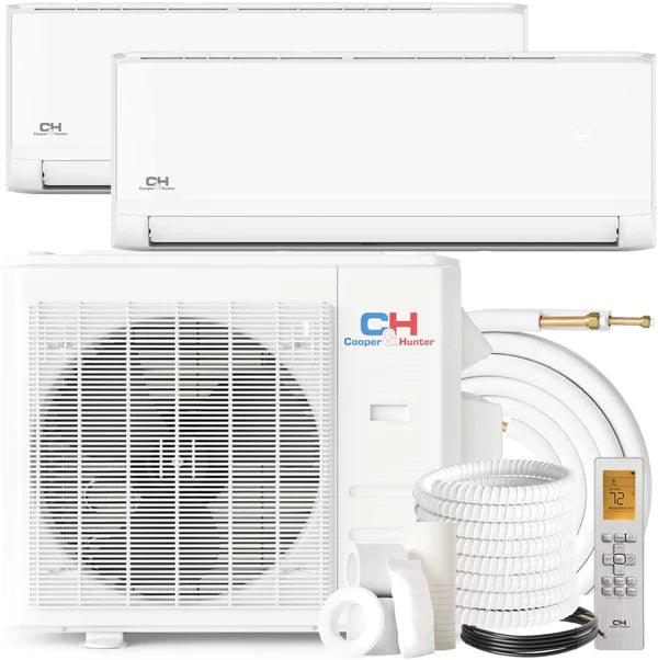 2 Zone Cooper & Hunter Olivia Series 2 Ductless Mini Splits 9k+12k BTU Wall Mounts and 23.9 SEER 36K BTU Heat Pump with 25ft Installation Kit + WIFI Adapter - South Mini Splits