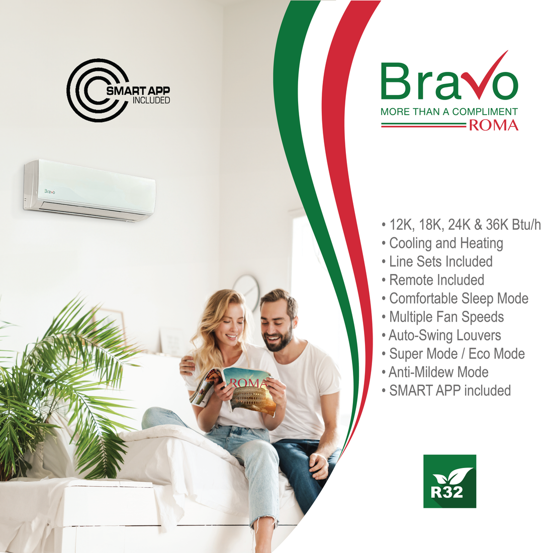 Bravo Roma Single Zone Wall Mount, 1 Ton Mini Split AC and Heat Pump, R32, 12,000 BTU Wall Mount Ductless Mini Split, 17 SEER Inverter System, 115V/60HZ, Single Head, Smart app, 13FT Installation Kit Included, BRV-R12W-115VI + BRV-R12LS-115VO - South Mini Splits