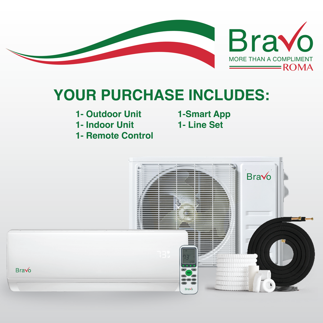 Bravo Roma Single Zone Wall Mount, 1.5 Ton Mini Split AC, Heat Pump, R32, 18,000 BTU Wall Mount Ductless Mini Split, 18 SEER Inverter System, 208/230V/60HZ, Single Head, Smart app, 13FT Installation Kit Included, BRV-R18W-230VI + BRV-R18LS-230VO - South Mini Splits