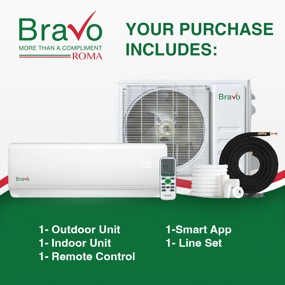 Bravo Roma Single Zone Wall Mount, 1 Ton Mini Split AC and Heat Pump, R32, 12,000 BTU Wall Mount Ductless Mini Split, 17 SEER Inverter System, 115V/60HZ, Single Head, Smart app, 13FT Installation Kit Included, BRV-R12W-115VI + BRV-R12LS-115VO