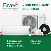 Bravo Roma Single Zone Wall Mount, 1.5 Ton Mini Split AC, Heat Pump, R32, 18,000 BTU Wall Mount Ductless Mini Split, 18 SEER Inverter System, 208/230V/60HZ, Single Head, Smart app, 13FT Installation Kit Included, BRV-R18W-230VI + BRV-R18LS-230VO - South Mini Splits