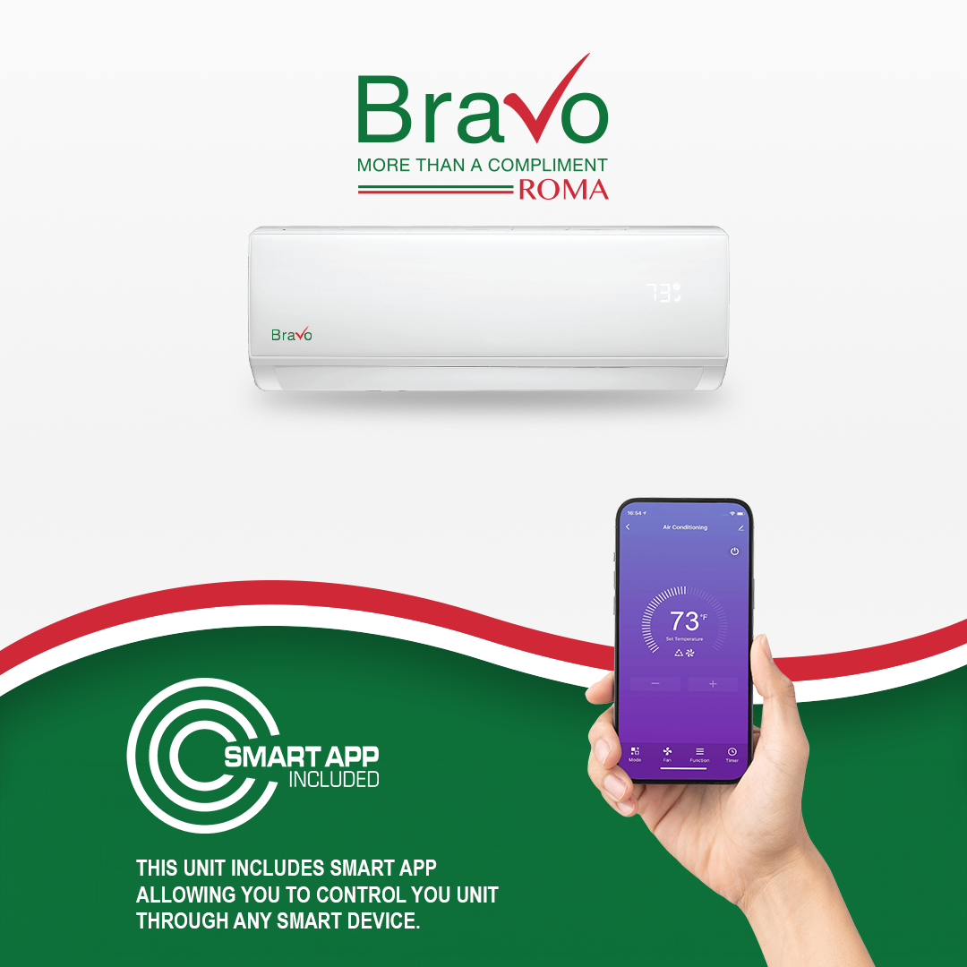 Bravo Roma Single Zone Wall Mount, 1 Ton Mini Split AC and Heat Pump, R32, 12,000 BTU Wall Mount Ductless Mini Split, 17 SEER Inverter System, 115V/60HZ, Single Head, Smart app, 13FT Installation Kit Included, BRV-R12W-115VI + BRV-R12LS-115VO