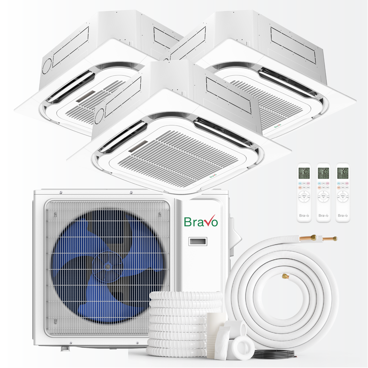 Bravo Milano Series 3-Zone Ductless Mini Split AC & Heat Pump – 36,000 BTU (3 Ton), Ceiling Cassette Units (9K+12k+24K BTU), Inverter Technology, 230V, Heating & Cooling