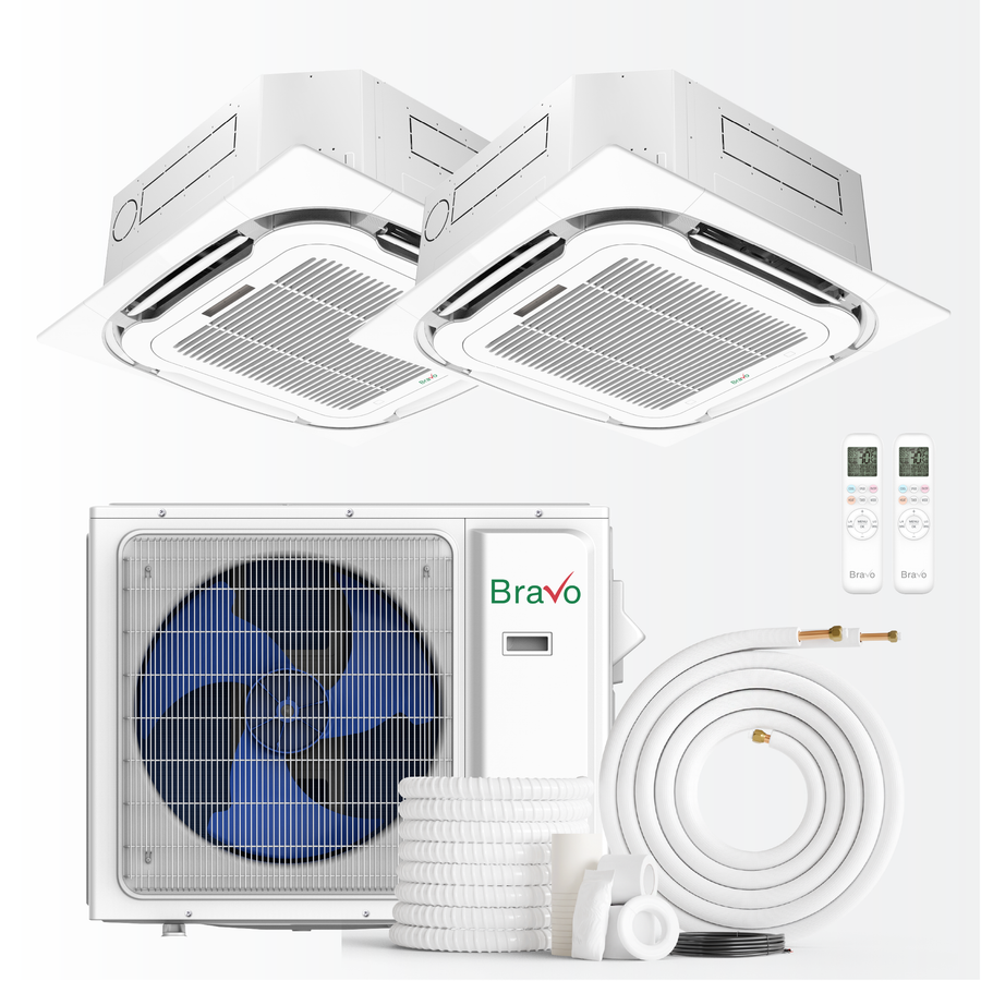 Bravo Milano Series 2-Zone Ductless Mini Split AC & Heat Pump – 30,000 BTU (2.5 Ton), Ceiling Cassette Units (18K+18K BTU), Inverter Technology, 230V, Heating & Cooling