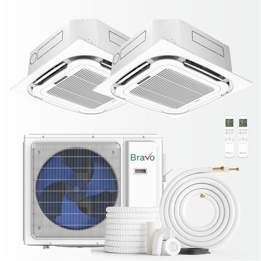Bravo Milano Series 2-Zone Ductless Mini Split AC & Heat Pump – 24,000 BTU (2 Ton), Ceiling Cassette Units (9K+12K BTU), Inverter Technology, 230V, Heating & Cooling