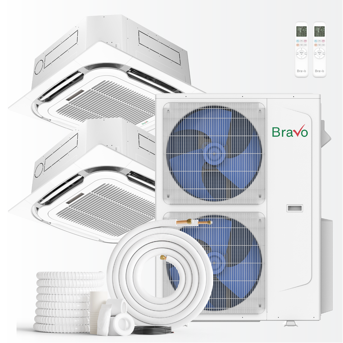 Bravo Milano Series 2-Zone Ductless Mini Split AC & Heat Pump – 42,000 BTU (3.5 Ton), Ceiling Cassette Units (9K+12K BTU), Inverter Technology, 230V, Heating & Cooling - South Mini Splits