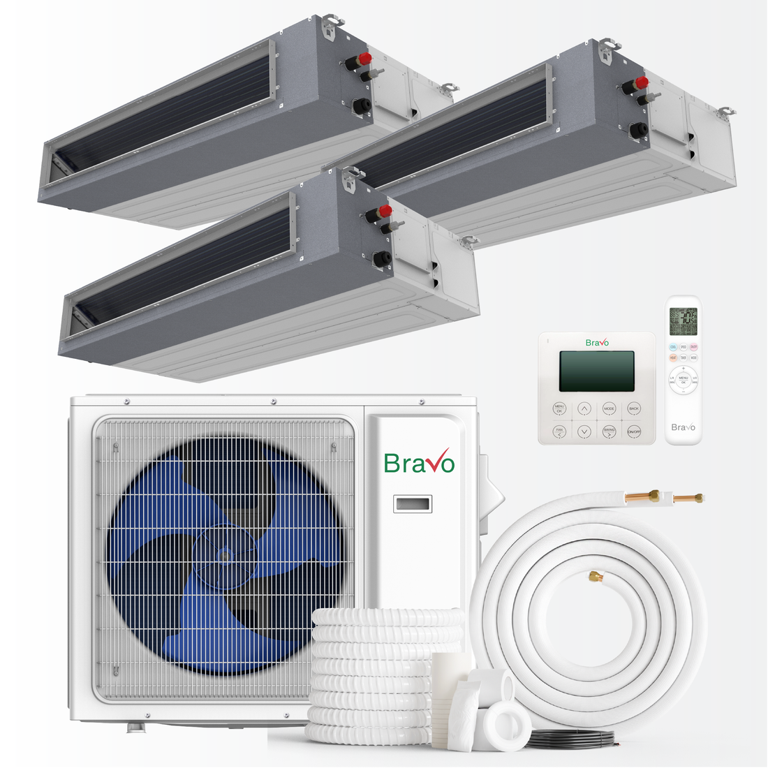 Bravo Milano Series 3-Zone Ducted Mini Split AC & Heat Pump – 30000 BTU (2.5 Ton), Slim Duct Units (12K+12K+18K BTU), Inverter Technology, 230V, Heating & Cooling - South Mini Splits