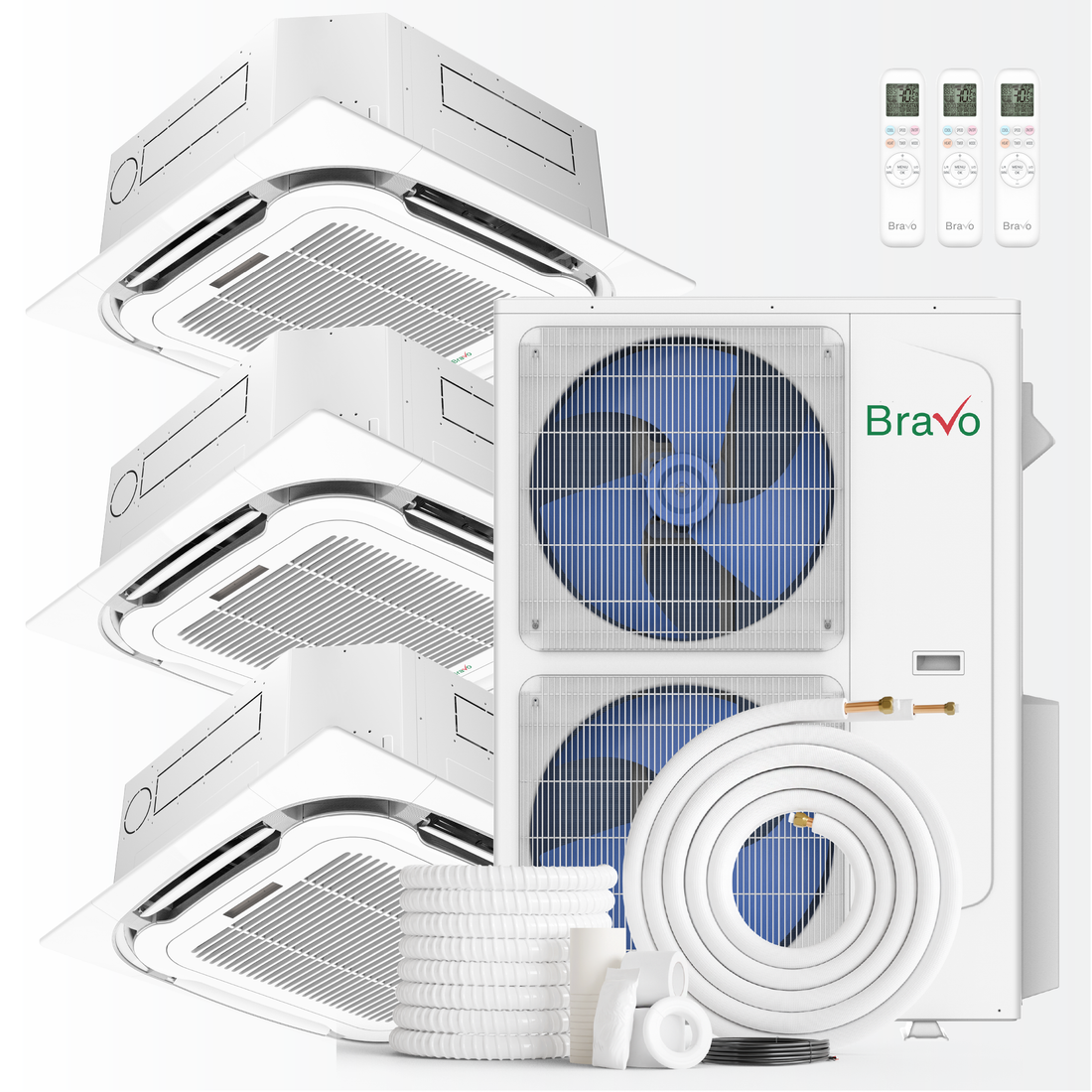 Bravo Milano Series 3-Zone Ductless Mini Split AC & Heat Pump – 42,000 BTU (3.5 Ton), Ceiling Cassette Units (9K+9K+18K BTU), Inverter Technology, 230V, Heating & Cooling - South Mini Splits