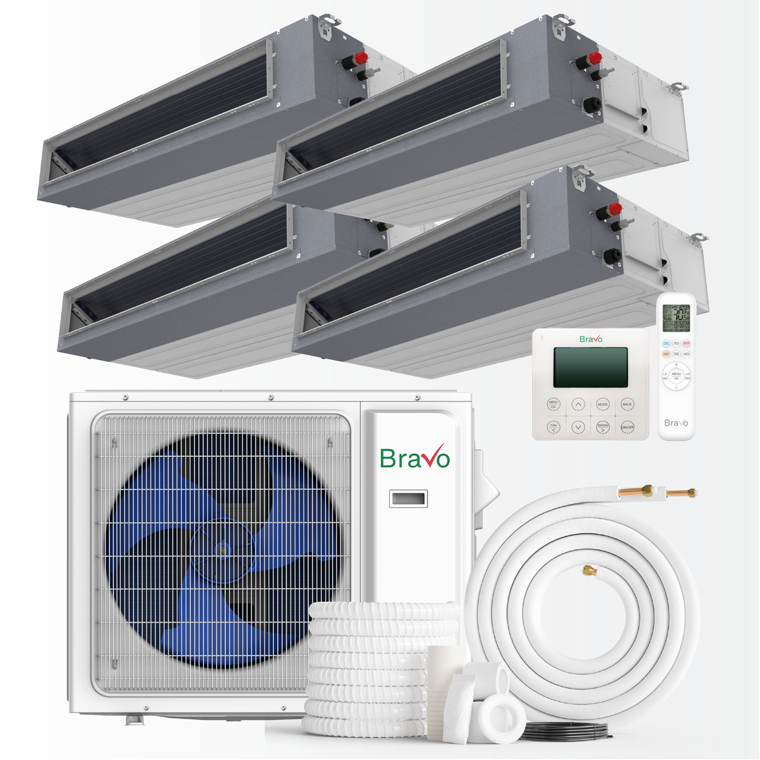 Bravo Milano Series 4-Zone Ducted Mini Split AC & Heat Pump – 36000 BTU (3 Ton), Slim Duct Units (9k+ 9k + 9K + 9K BTU), Inverter Technology, 230V, Heating & Cooling