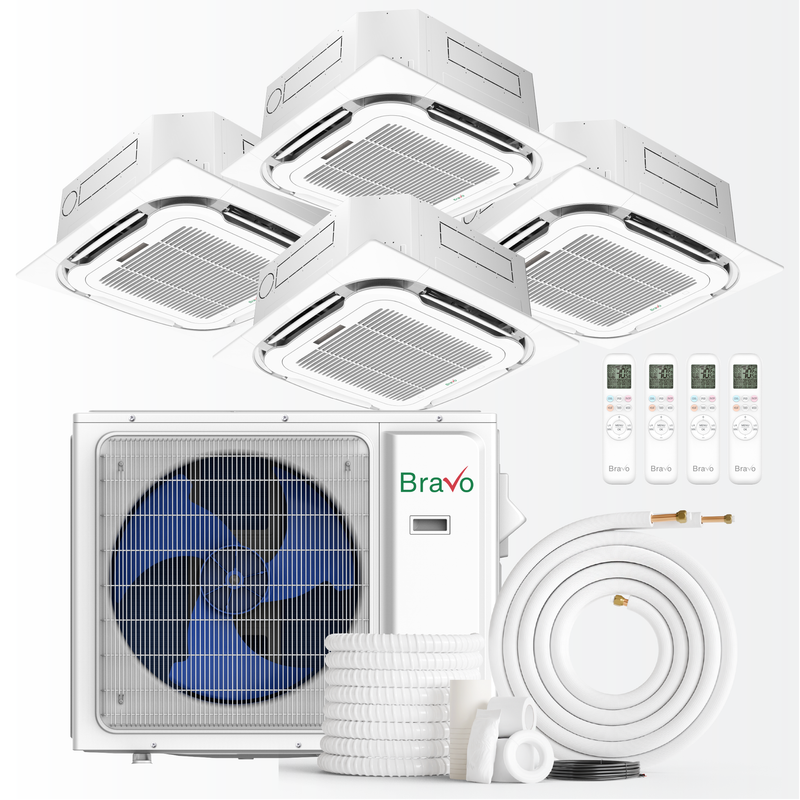 Bravo Milano Series 4-Zone Ductless Mini Split AC & Heat Pump – 36,000 BTU (3 Ton), Ceiling Cassette Units (9K+9K+9K+18K BTU), Inverter Technology, 230V, Heating & Cooling -