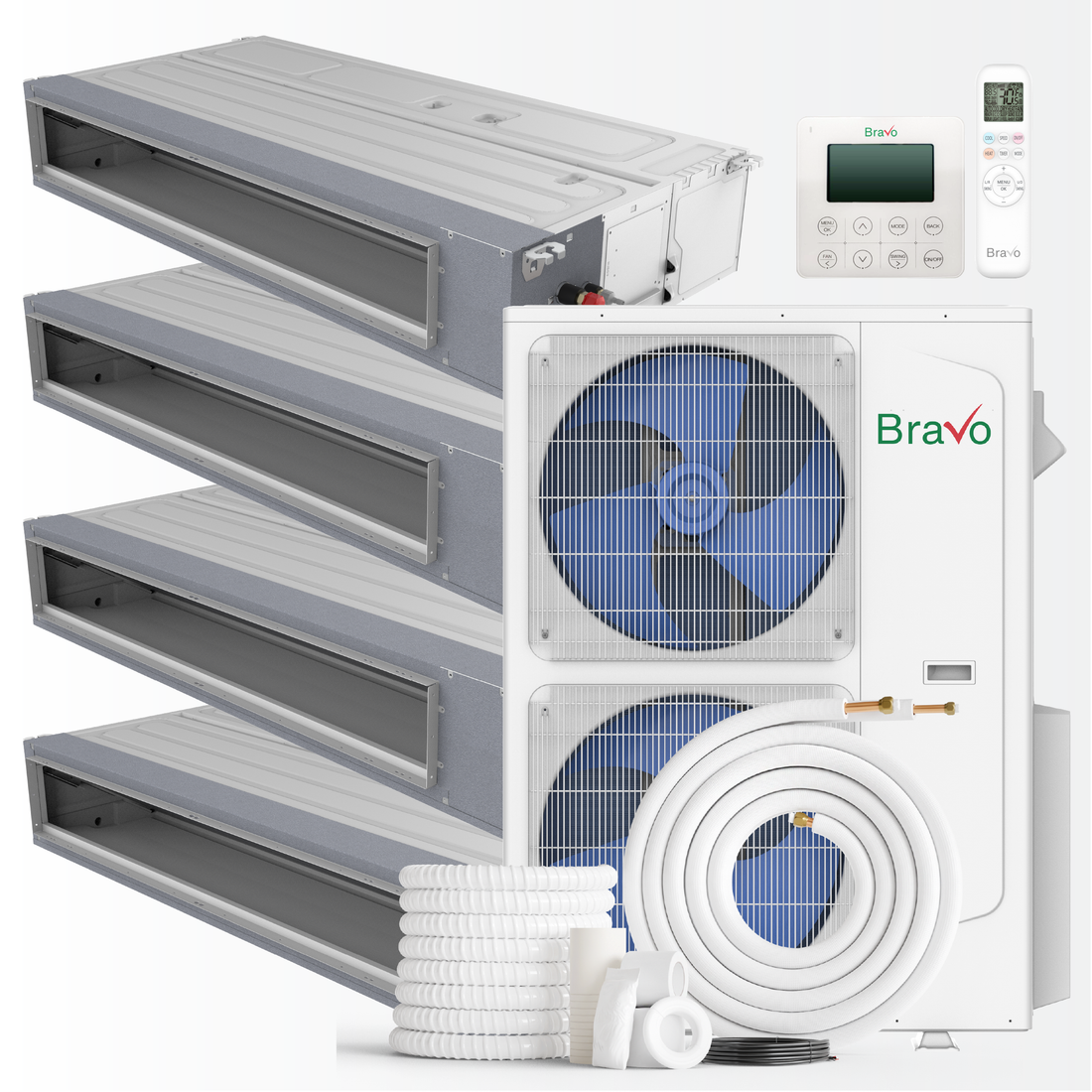 Bravo Milano Series 4-Zone Ducted Mini Split AC & Heat Pump – 42000 BTU (3.5 Ton), Slim Duct Units (9k+ 12k + 12K + 12K BTU), Inverter Technology, 230V, Heating & Cooling - South Mini Splits