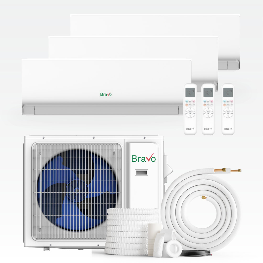 Bravo Milano Series 3-Zone Mini Split AC & Heat Pump -- 24,000 BTU (2 Ton), Wall Mount Units (9K+9K+9K BTU), Inverter Technology, 208-230V, Heating & Cooling - South Mini Splits