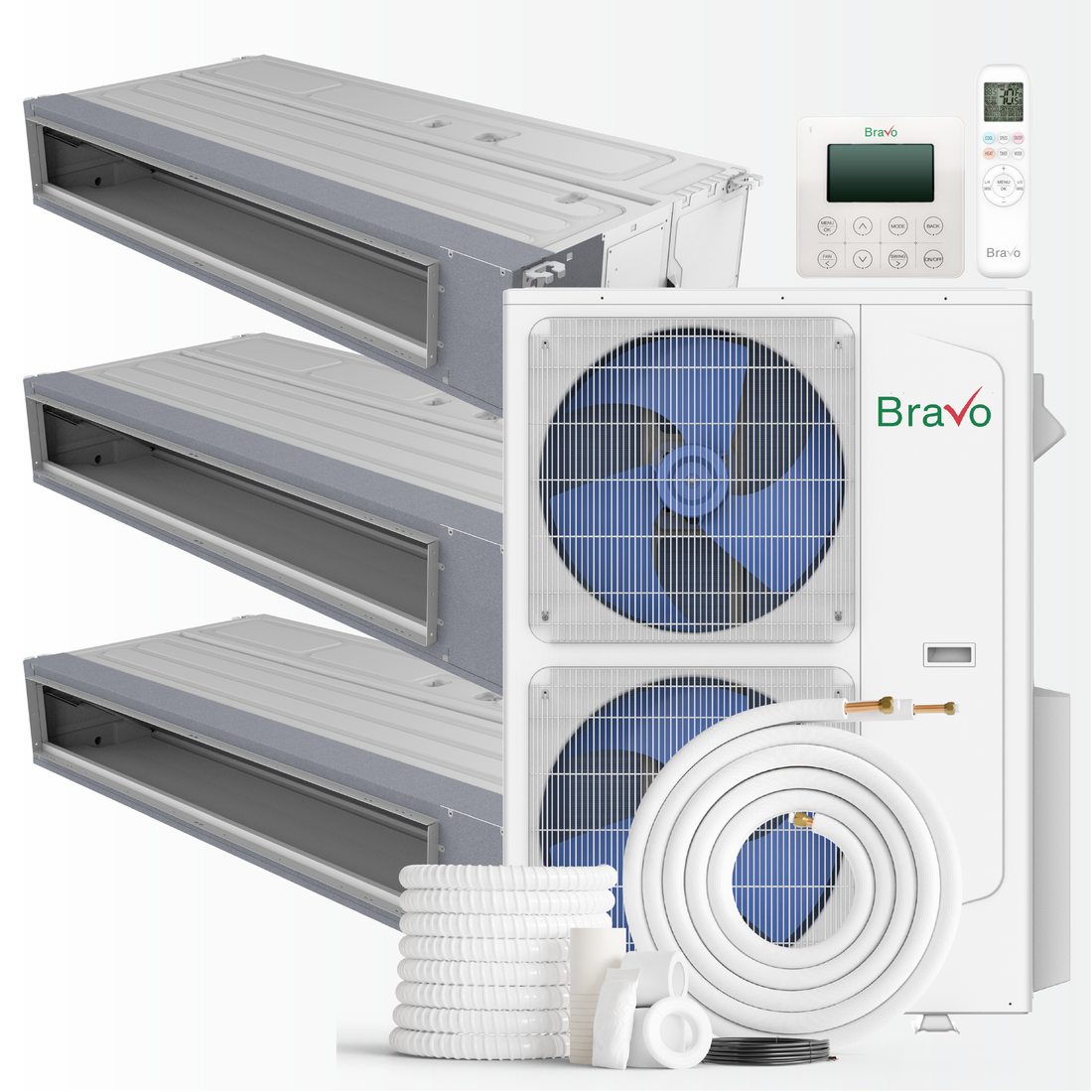 Bravo Milano Series 3-Zone Ducted Mini Split AC & Heat Pump – 42000 BTU (3.5 Ton), Slim Duct Units (18K+18K+24K BTU), Inverter Technology, 230V, Heating & Cooling - South Mini Splits