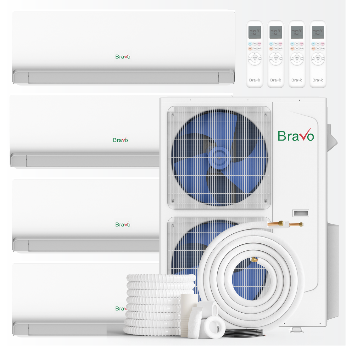 Bravo Milano Series 4-Zone Ductless Mini Split AC & Heat Pump -- 42,000 BTU (3.5 Ton), Wall Mount Units (9K+9K+18K+24K BTU), Inverter Technology, 208-230V, Heating & Cooling - South Mini Splits