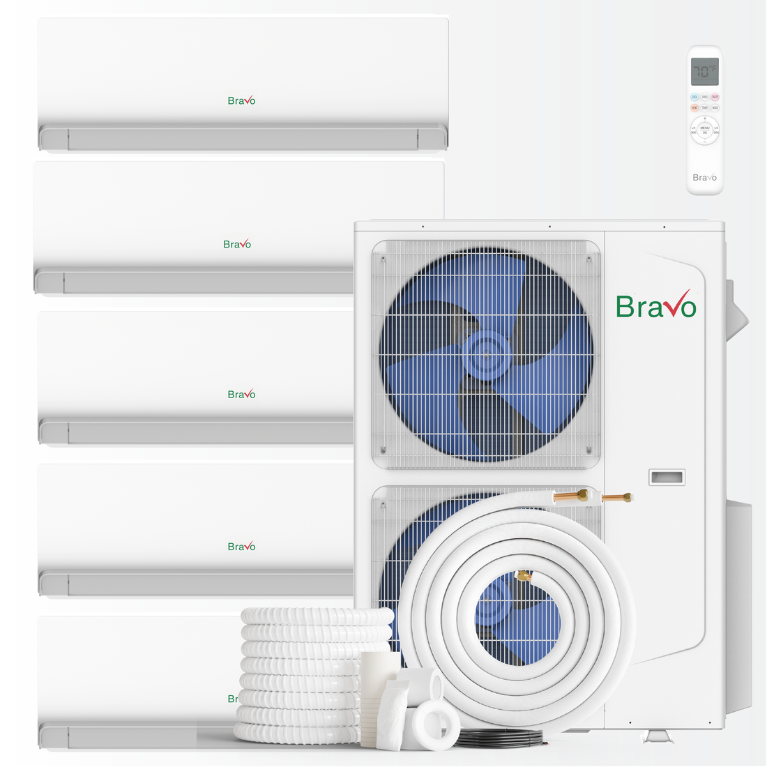 Bravo Milano Series 5-Zone Ductless Mini Split AC & Heat Pump -- 42,000 BTU (3.5 Ton), Wall Mount Units (9K+9K+9K+12K+18K BTU), Inverter Technology, 208-230V, Heating & Cooling - South Mini Splits