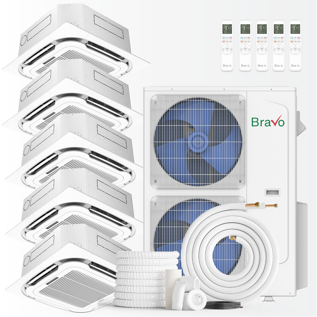 Bravo Milano Series 5-Zone Ductless Mini Split AC & Heat Pump – 42,000 BTU (3.5 Ton), Ceiling Cassette Units (9K+9K+9K+18K+18K BTU), Inverter Technology, 230V, Heating & Cooling -