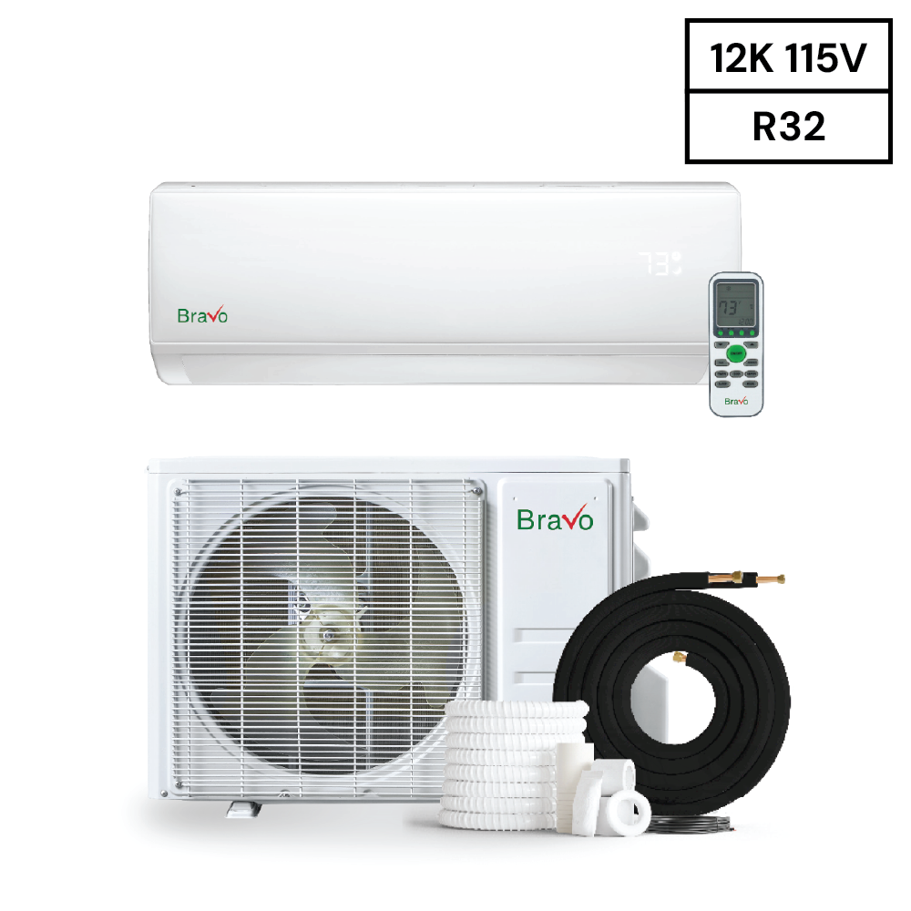 Bravo Roma Single Zone Wall Mount, 1 Ton Mini Split AC and Heat Pump, R32, 12,000 BTU Wall Mount Ductless Mini Split, 17 SEER Inverter System, 115V/60HZ, Single Head, Smart app, 13FT Installation Kit Included, BRV-R12W-115VI + BRV-R12LS-115VO - South Mini Splits