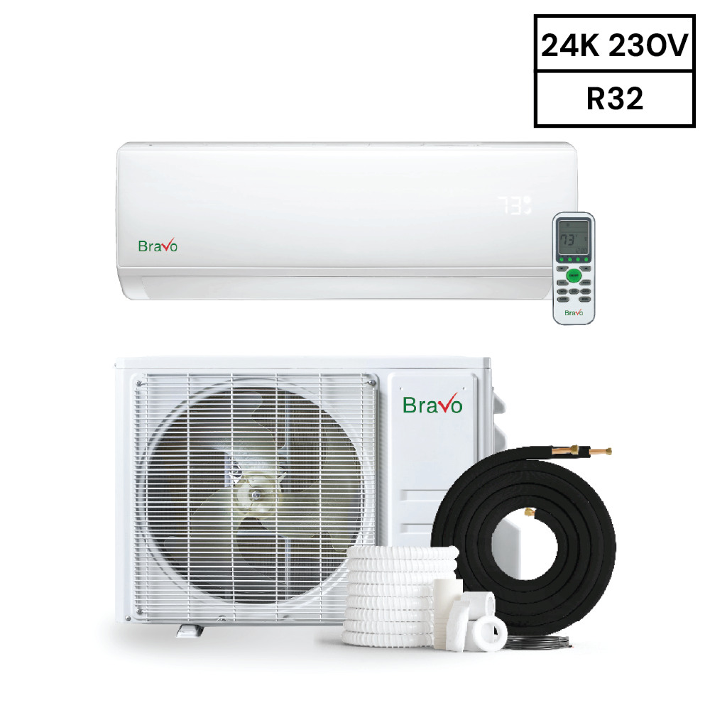 Bravo Roma Single Zone Wall Mount, 2 Ton Mini Split AC and Heat Pump, R32, 24,000 BTU Wall Mount Ductless Mini Split, 18 SEER Inverter System, 230V/60HZ, Single Head, Smart app, 13FT Installation Kit Included, BRV-R24W-230VI + BRV-R24LS-230VO - South Mini Splits