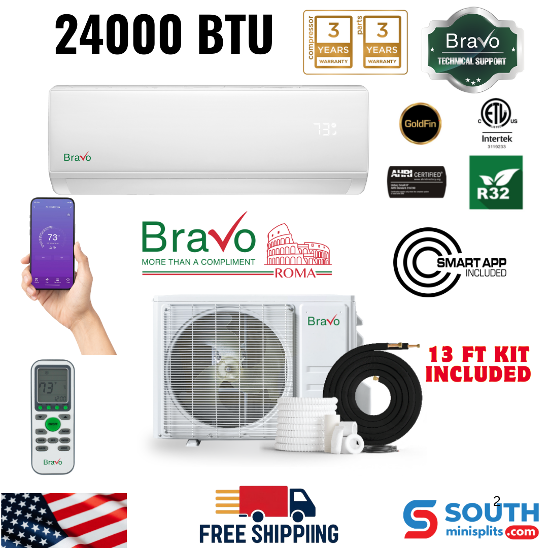 Bravo Roma Single Zone Wall Mount, 2 Ton Mini Split AC and Heat Pump, R32, 24,000 BTU Wall Mount Ductless Mini Split, 18 SEER Inverter System, 230V/60HZ, Single Head, Smart app, 13FT Installation Kit Included, BRV-R24W-230VI + BRV-R24LS-230VO - South Mini Splits