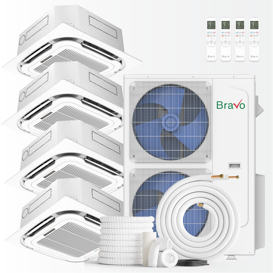 Bravo Milano Series 4-Zone Ductless Mini Split AC & Heat Pump – 42,000 BTU (3.5 Ton), Ceiling Cassette Units (9K+9K+9K+12K BTU), Inverter Technology, 230V, Heating & Cooling -