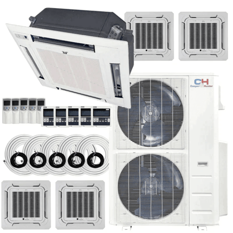 5 Zone Cooper & Hunter 48,000 BTU 9k+12k+12k+12k+18k Ceiling Cassettes with Installation Kits, 23.4 Seer2 4 Ton Penta Zone Five Zone Ductless Multi Mini Split Air Conditioner - South Mini Splits