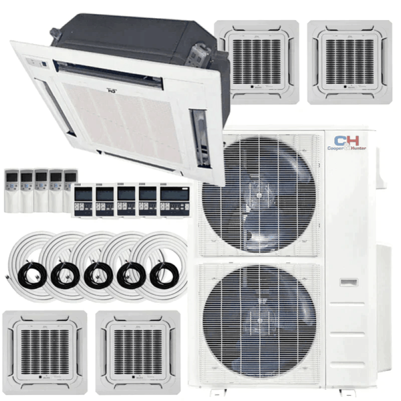 5 Zone Cooper & Hunter, 48,000 BTU, 9k+9k+9k+9k+18k Ceiling Cassettes with Installation Kits, 23.4 Seer2 4 Ton Penta Zone Ductless Multi Mini Split Air Conditioner - South Mini Splits