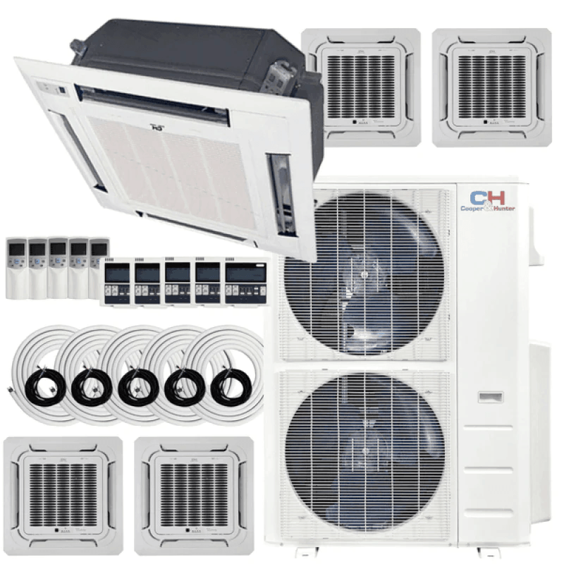 5 Zone Cooper & Hunter 48,000 BTU 9k+9k+9k+9k+12k Ceiling Cassettes with Installation Kits, 23.4 Seer2 4 Ton Penta Zone Five Zone Ductless Multi Mini Split Air Conditioner - South Mini Splits