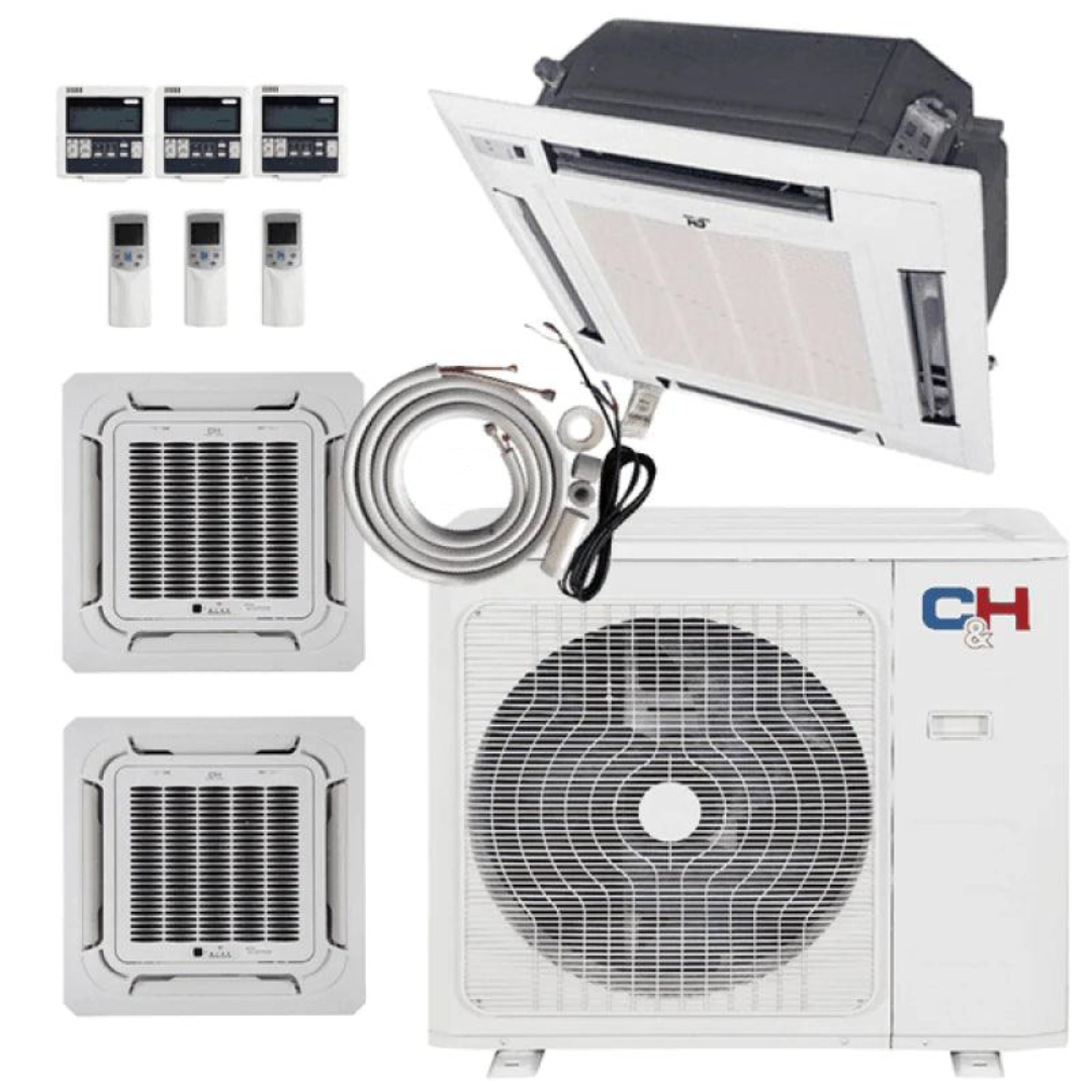 3 Zone Cooper & Hunter, 2.3 Ton or 3 Ton Air Conditioner, Ductless Multi Mini Split with 9k+9k+12k BTU Ceiling Cassettes, 24.6 SEER Inverter Heat Pump, 230V, Tri Zone (3 Heads), Includes Installation Kits, 28K or 36K Outdoor Unit - South Mini Splits