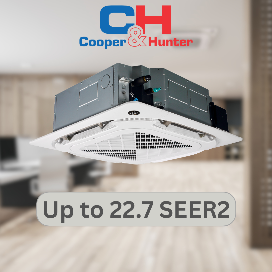 Cooper&Hunter Multi-Zone 24,000 BTU 230V Sophia Series Indoor Four-Way Ceiling Cassette Air Conditioning Unit for Heat Pump, Mini Split Inverter System Up To 22.7 SEER2 with Wi-Fi Enabled Thermostat and Optional Installation Kit CH-24MCT-W - South Mini Splits