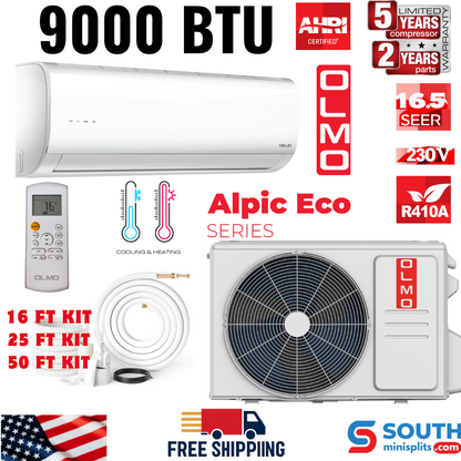 OLMO Alpic Eco Series, R410A, 0.75 Ton Air Conditioner and Heat Pump, 9,000 BTU Mini Split Ductless, 18.5 SEER Inverter System, 230V, Single Head, with Installation Kit Option. SKU OS-EL09ALP230VI + OS-EL09ALP230VO