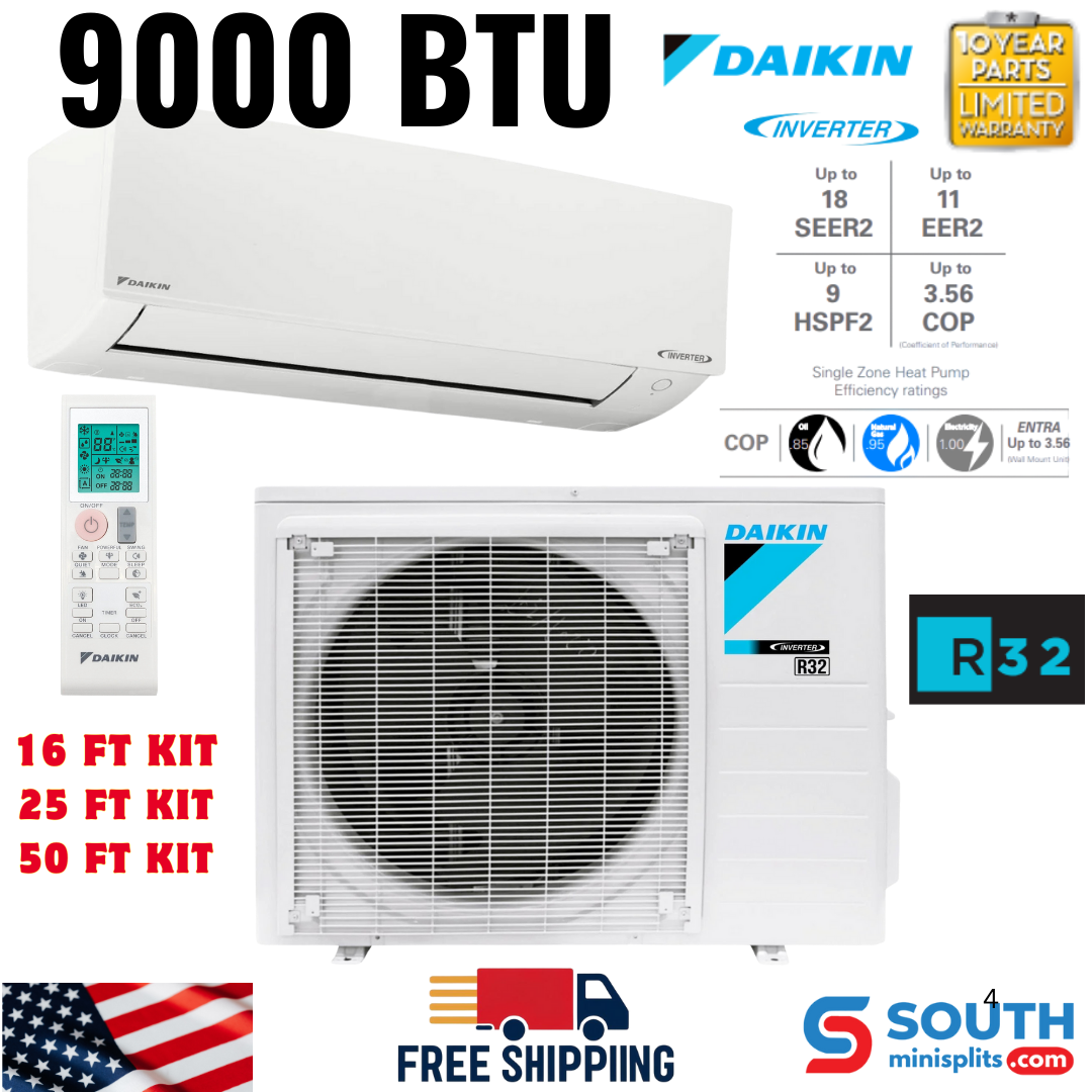 Daikin Entra Series, 9,000 BTU, 18 SEER2, 0.75 Ton Air Conditioner and Heat Pump, Wi-Fi Wall Mount Ductless Mini Split, Inverter System, 230V, Single Zone, Uses R32 Refrigerant - Choose Installation Kit RXC09AXVJU + FTXC09AXVJU - South Mini Splits