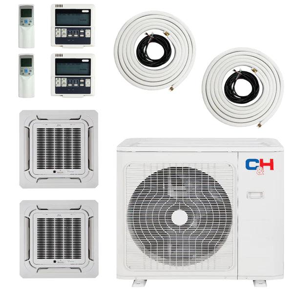 2 Zone Cooper & Hunter Sophia Series 2 Ductless Mini Splits 9k+9k BTU Ceiling Cassette and 21.3 SEER 18K BTU 1.5 TON Dual Zone Air Conditioners with Installation Kits - South Mini Splits