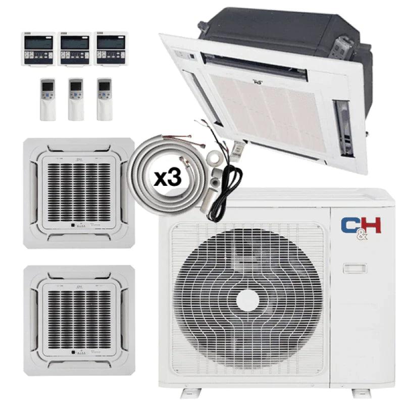 3 Zone Cooper & Hunter 36,000 BTU 3 Zone 9k+9k+24k Ceiling Cassettes with Installation Kits, 23.9 Seer2 4 Ton Tri Zone Ductless Multi Mini Split Air Conditioner - South Mini Splits