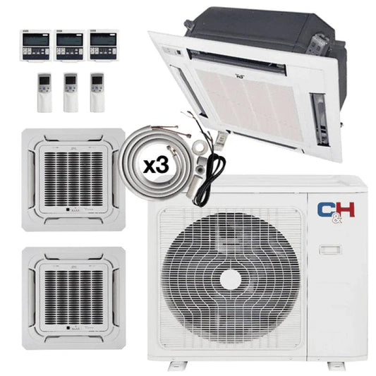 3 Zone Cooper & Hunter 36,000 BTU 3 Zone 12k+12k+18k Ceiling Cassettes with Installation Kits, 23.9 Seer2 4 Ton Tri Zone Ductless Multi Mini Split Air Conditioner - South Mini Splits