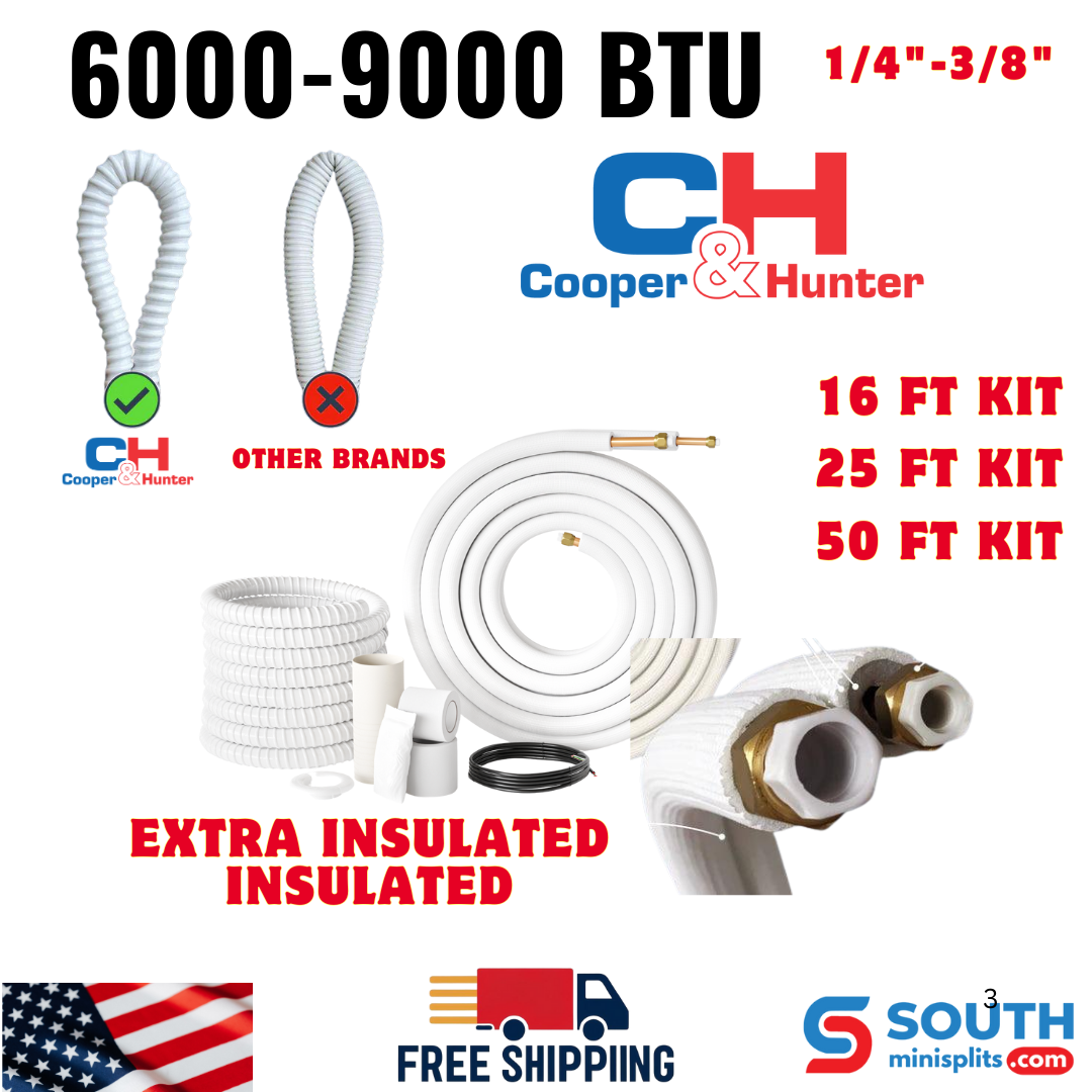 Extra Insulated Line set 1/4"-3/8"  Installation Kit for Ductless Mini Split, Pre-Flared Copper 16ft/25ft/50ft with Data Wire for 6000-9000 BTU Unit Systems - South Mini Splits