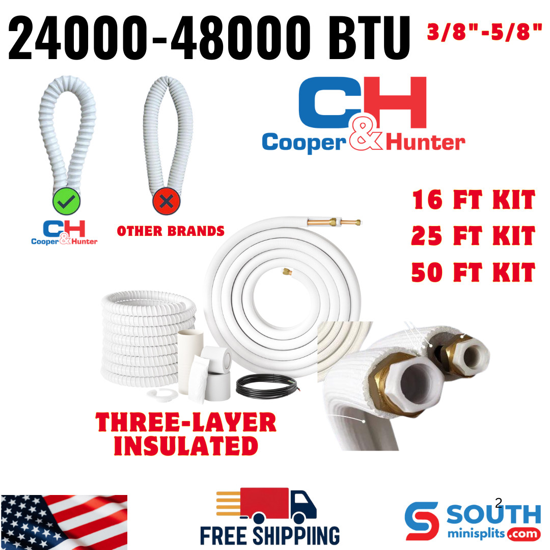 Extra Insulated Line Set 3/8"-5/8" Mini Split Installation Kit Pre-Flared 16ft/25ft/50ft with Connection Wires for 24,000-48,000 BTU 2 Ton  - 4 Ton Air Conditioner Heat Pump Inverter Unit Systems. - South Mini Splits