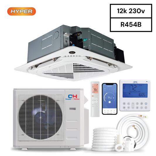 Cooper&Hunter Four Way Ceiling Cassette HYPER, R454B, 12,000 BTU 230V 20 SEER High Capacity Ductless Mini Split Air Conditioner, Heat Pump 1 TON + Installation Kit Option. CH-RH12MCT-230VI + CH-RHP12-230V0