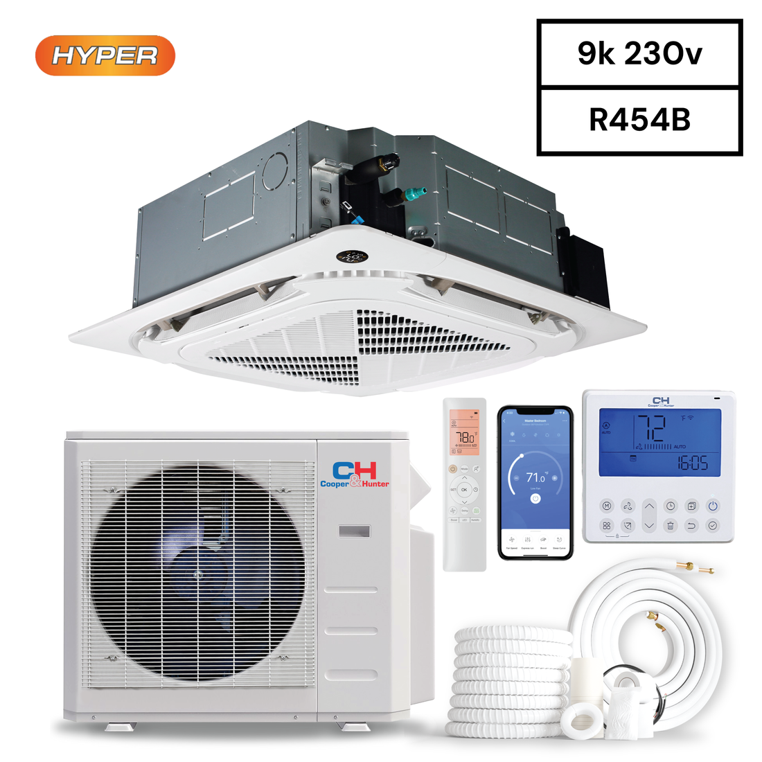 Cooper&Hunter R454B, 9,000 BTU 230V Hyper Four Way Ceiling Cassette  20 SEER High Capacity Ductless Mini Split Air Conditioner, Heat Pump 0.75 TON + Installation Kit Option. CH-RH09MCT-230VI + CH-RHP09-230V0 - South Mini Splits