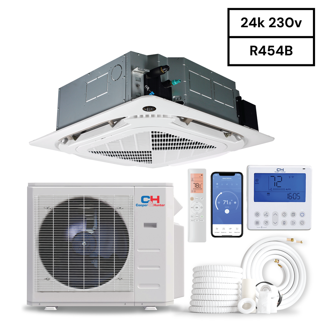 Cooper&Hunter Single Zone, Four-Way Ceiling Cassette R454B, 24,000 BTU 230V 22 SEER Ceiling Cassette Ductless Mini Split Air Conditioner, Heat Pump 2 TON + Installation Kit Option. CH-RH24MCT + CH-RES24-230VO - South Mini Splits